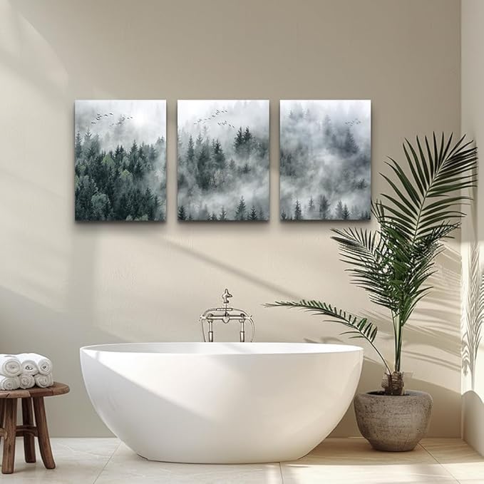 Canvas Wall Art For Living Room Modern Wall Decorations For Bedroom Foggy Forest Trees Landscape Wall Painting Office Wall Decor Canvas Prints Home Decor Ready To Hang Wall Pictures 16"X24"X3 Panels