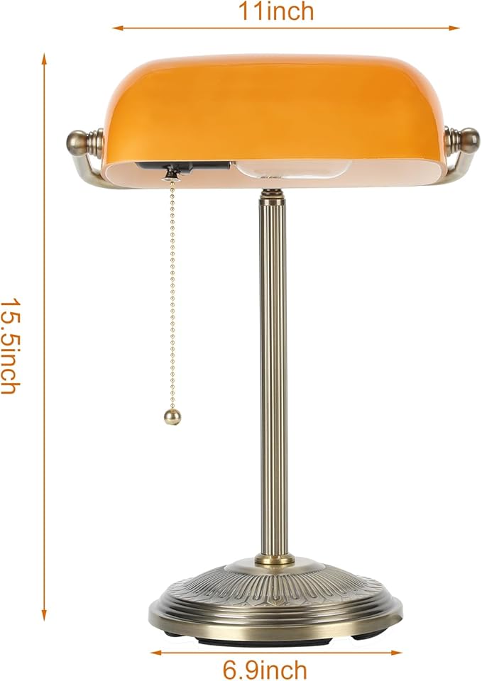NISSAFORS Bankers Desk Lamp, Amber Glass Shade, Vintage Desk Lamp with Pull Chain Switch, Retro Table Lamps for Home Office (Brass+Amber, Small)