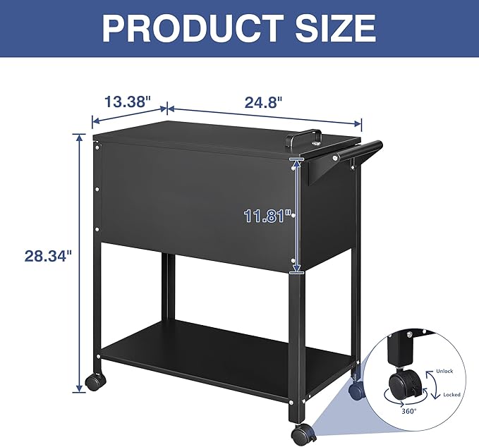 Mobile File Cabinet, 2-Tier Rolling File Cart with Wheels Hanging Files, Metal File Cabinets with Lock and Sliding Covers for A4/Letter/Legal Size, Black