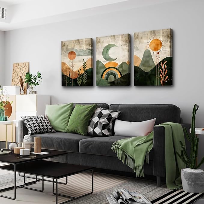 TTHYUEWS Large Canvas Wall Decor For Living Room Boho Wall Art For Bedroom Office Wall Decor Abstract Wall Paintings Vintage Geometry Pictures Artwork Modern Home Decorations 3 Piece Ready To Hang