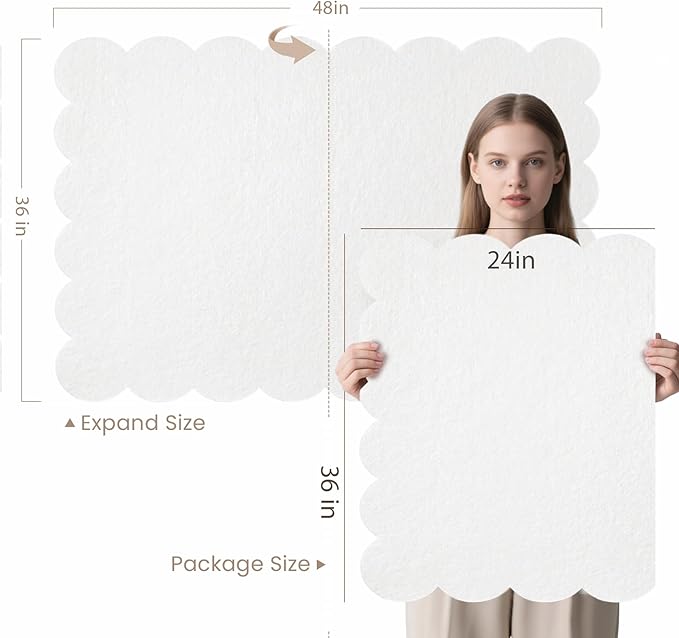 Scalloped Bulletin Board, 48 x 36 Inches Felt Pin Board - Decorative Cork Alternative for Wall, Foldable Picture Self-Adhesive Vision Prayer Board with 20 Pushpins - White