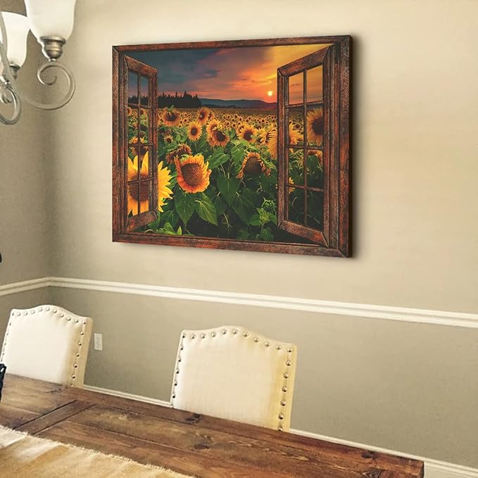 Parylore Sunflower Wall Art Canvas Print Wall Decor Sunflower Field Sunset Landscape On Wood Window Painting Framed Modern Artwork for Living Room Bedroom Bathroom Office Home Decor 16x24 In