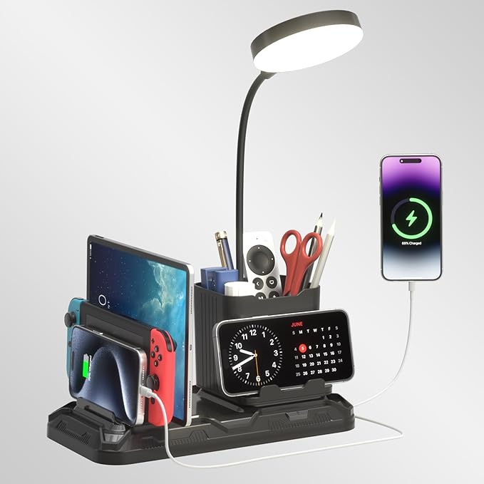 KDD Desk Lamp with USB A&C Charger Ports - Reading Desktop Light with Pen & Phone Holder - Adjustable Brightness Lights with Device Slots - 360°Gooseneck Table Lamp for Home Office College Dorm Room