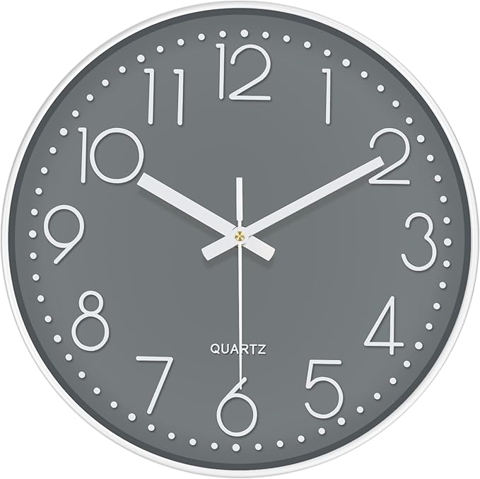 Wall Clock, Silent Wall Clocks Battery Operated 10 Inch Modern Non Ticking Analog Clock with Large Numerals Tempered Glass Clocks for Bedroom, Living Room, Kitchen, Office Decor, Grey