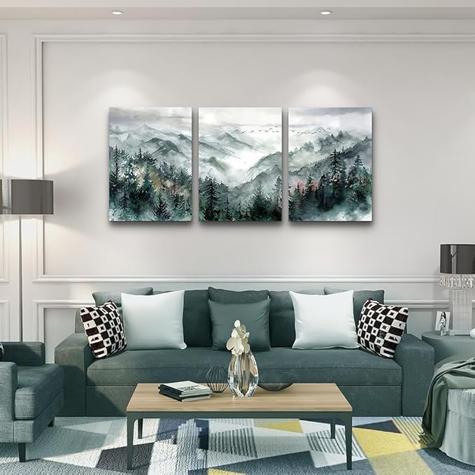 TTHYUEWS Wall Decor For Living Room 3 Piece Canvas Art Prints Wall Art For Bedroom Office Decor Mountain Forest Landscape Wall Pictures Watercolour Paintings Artwork Ready To Hang Home Decoration