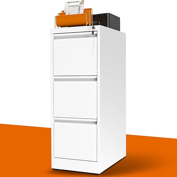 3 Drawer File Cabinet with Lock, Metal Vertical File Cabinets for Home Office, Office Furniture for Organization Hanging Legal/Letter/A4, Office File Cabinet Storage Cabinet, Require Assembly, White