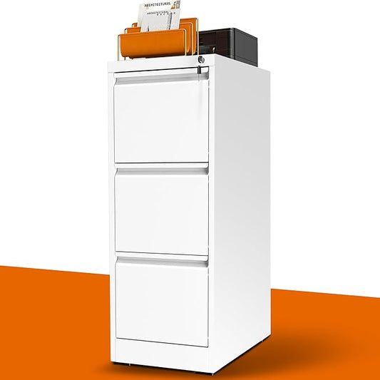 3 Drawer File Cabinet with Lock, Metal Vertical File Cabinets for Home Office, Office Furniture for Organization Hanging Legal/Letter/A4, Office File Cabinet Storage Cabinet, Require Assembly, White