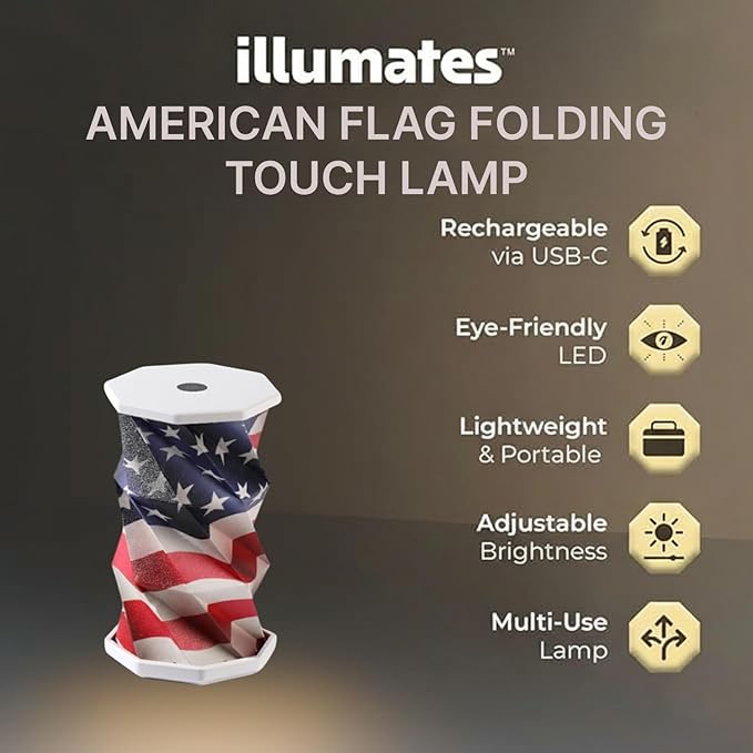 Origami Expanding Foldable LED Desk Lamp – USB Rechargeable & Portable - Dimmable Touch Control Light with Adjustable Height up to 5 1/2 for Office, Travel, Bedside & Modern Design (American Flag)