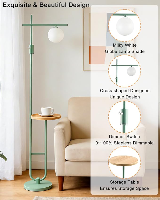 Lightdot Floor Lamps with Storage Table 66IN Black Dimmable, Modern Standing Tall Lamp with Milky White Globe Lampshade, Cross-Shaped Lamp Head and U-Pole Base Style for Living Room/Bedroom/Office