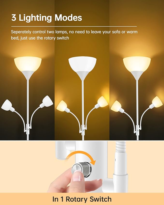 Floor Lamp, Torchiere Floor Lamps for Living Room, 71 Inch Tall Standing Lamp, Bedroom Lamps with Reading Light, Rotary Switch, 3 Plastic Lampshade, Torch Floor lamps for Bedroom (White, No Bulb)