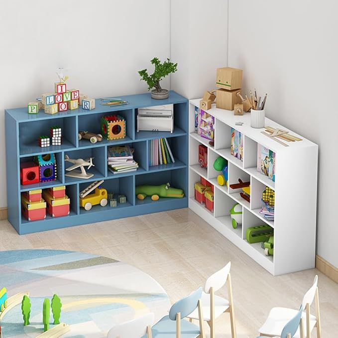 IOTXY Open Shelf Low Bookcase - Wooden 3-Tier Floor Standing Display Cabinet Organizer with Base, 5 Cubes Short Horizontal Bookshelf in Warm White