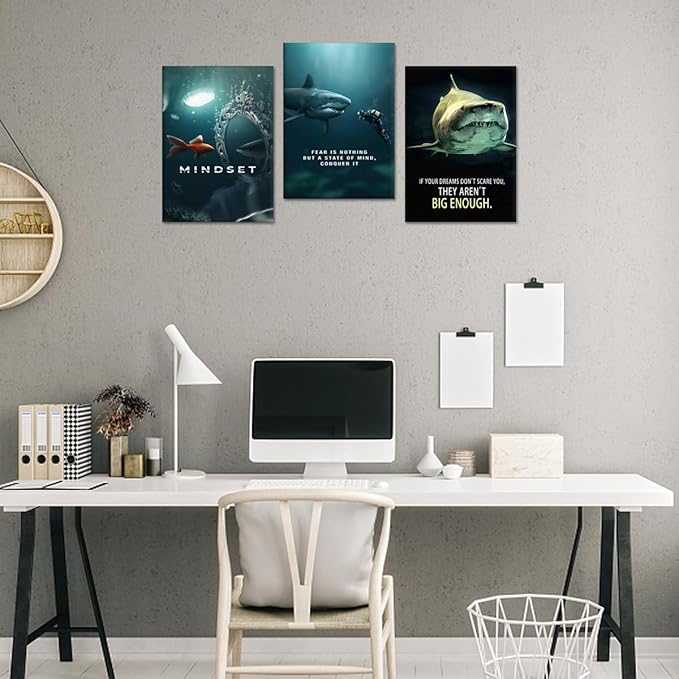 Motivational Wall Art - Framed Shark Poster Inspirational Canvas Prints Positive Quotes Wall Decor for Home, Office & Bedroom Living Room (20" x 28"x 3 Panel)