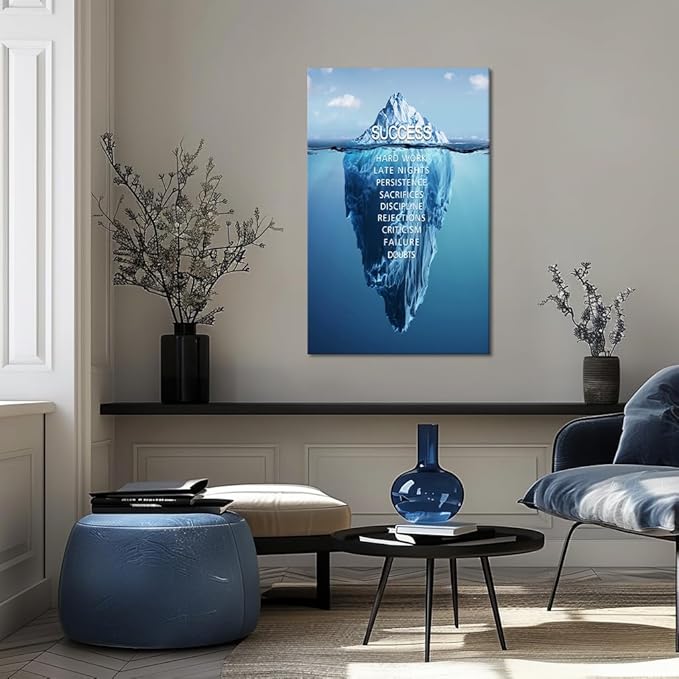 Success Wall Art, Motivational Quotes Poster Positive Quotes Canvas Painting Inspirational Wall Decor Blue Iceberg Picture Modern Entrepreneurs Artwork for Room Home Office Decor, Framed 28"x 44"