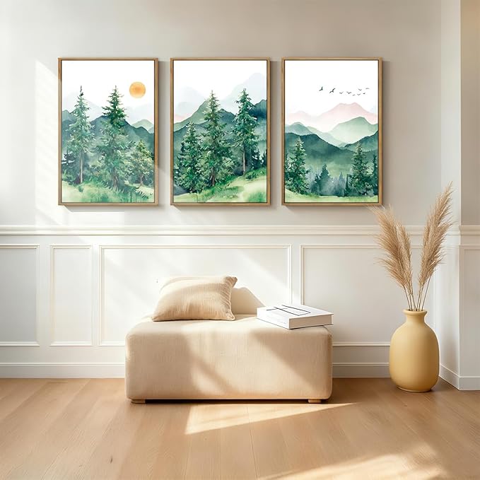ANHUIB Extra Large Forest Wall Art Green Mountain Wall Decor Set of 3 for Living Room Bedroom Dining Room 24x36 Inch