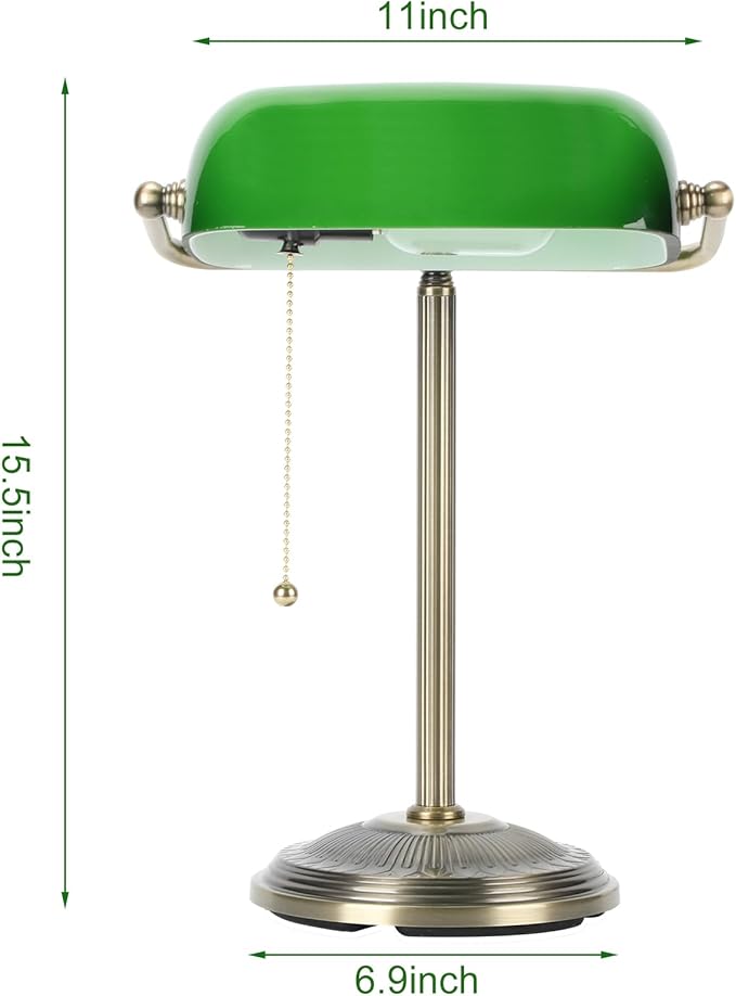NISSAFORS Bankers Desk Lamp, Green Glass Shade, Vintage Desk Lamp with Pull Chain Switch, Retro Table Lamps for Home Office (Brass+Green, Small)