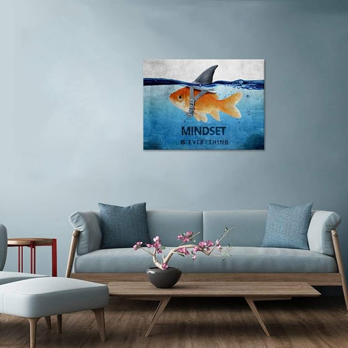 Inspirational Posters Mindset is Everything Painting Prints on Canvas Goldfish Big Shark Picture Motivational Entrepreneur Quotes for Living Room Office Home Decor House Warming Presents (28”Hx44”W)