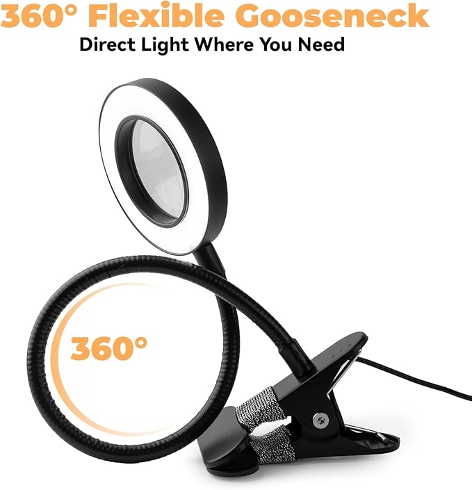 Clip on Lamp, 5X Magnifying Glass with Light LED Desk Lamp with Clamp Bright Clip Light for Bed Bedside Table, Adjustable Reading Light for Bed, Desk Lights (Black with Magnifying)