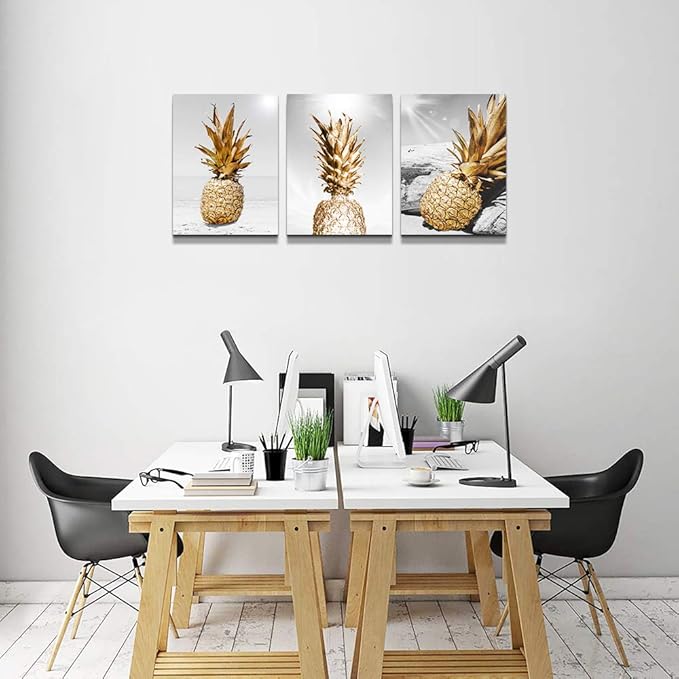 TTHYUEWS Canvas Wall Art for bar kitchen Living Room Office Bathroom home decoration Board Black and white Beach scenery golden Pineapple pictures Artwork restaurant Wall Decor Ready to Hang