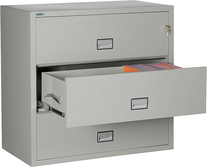 44 inch Wide 3-Drawer Lateral Fireproof File Cabinet – Legal and Letter Size Filing – Key Lock – Water Resistant – Fire Safe and Impact Rated – Light Gray Finish – Model LAT3W44LG