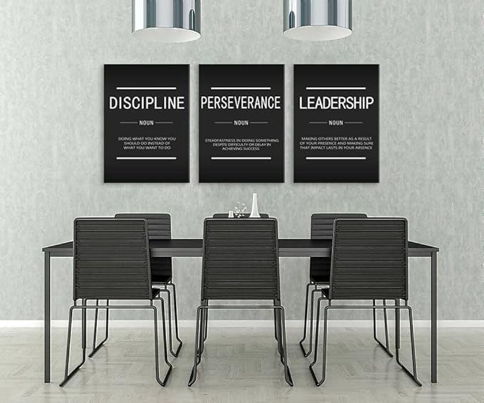 3 Panels Inspirational Canvas Wall Art Motivational Entrepreneur Quotes Discipline Perseverance Leadership Noun Poster Print Artwork Painting Picture Framed Home Office Wall Decor[60''Wx 28''H]