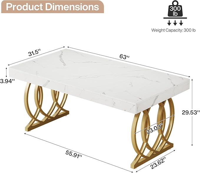 Tribesigns 63-Inch Executive Desk, Modern Office Computer Desk with Stylish Gold Legs, Rectangular Workstation for Home Office, Small Conference Table for Meeting Room (White & Gold)