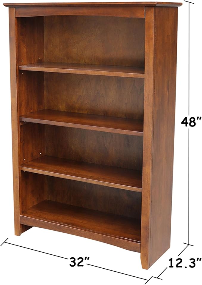 Solid Wood Bookcase 48" High, Adjustable Shelves, Parawood Construction, Easy Assembly, Kitchen/Dining Storage Furniture
