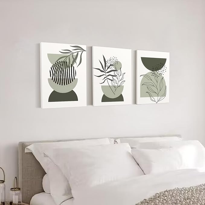 Sage Green Boho Wall Art Set of 3,Minimalist Boho Framed Wall Art Geometric Line Leaf Sun Moon Beige Green Canvas Artwork Paintings Wall Decor Living Room,Modern Abstract Sage Green Boho Wall Decor for Room Bathroom Office,12"x16"