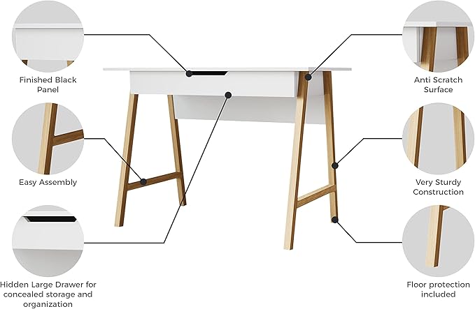 Modern Design Parma Small Desk for Bedroom, White Writing Desk 42 Inch with Drawer, by Crafts and Comfort