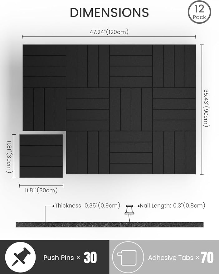 Bumusty Large Cork Board Alternative-48 x 36" Felt Bulletin Board Tiles, with 30 Pushpins, 70 Adhesive Tabs, 12-Pack Slat Wall Paneling, Cork Boards for Office Push Pin Board Felt Board-Black