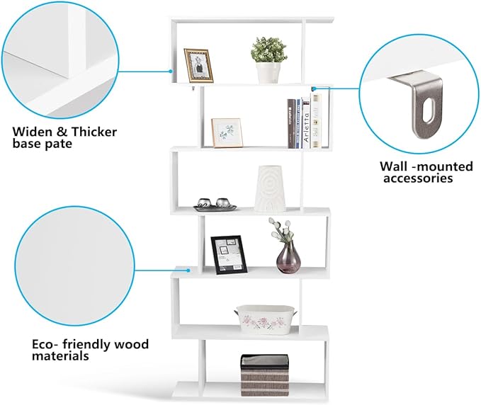 Tangkula 6-Tier Geometric Bookcase, Modern S-Shaped Storage Display Bookshelf for Living Room, Anti-Toppling Device, Home Office Wooden 6 Shelf Open Bookcase (1, White)