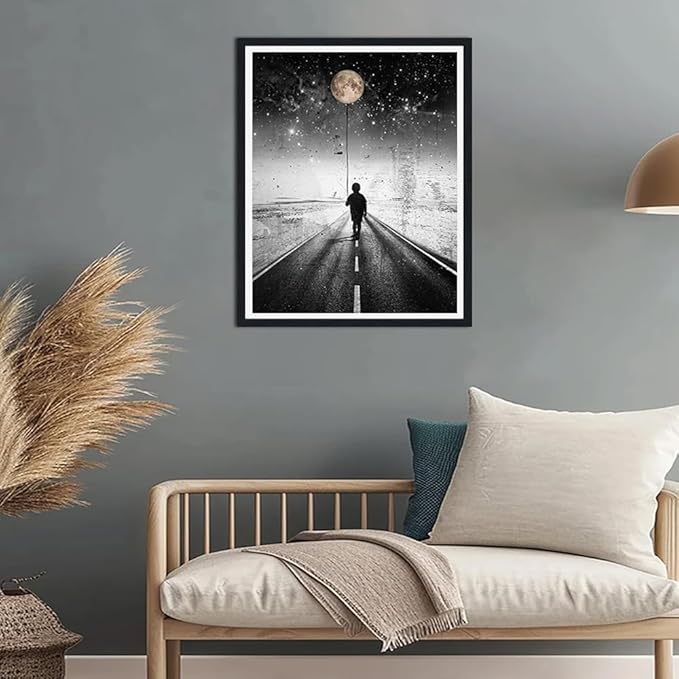 Moonlight Walk Framed Canvas Print Wall Art, Boy on Path Poster, Inspirational Night Scene Decor, Modern Bedroom or Living Room Ready to Hang, 12.5x16.5 Inches