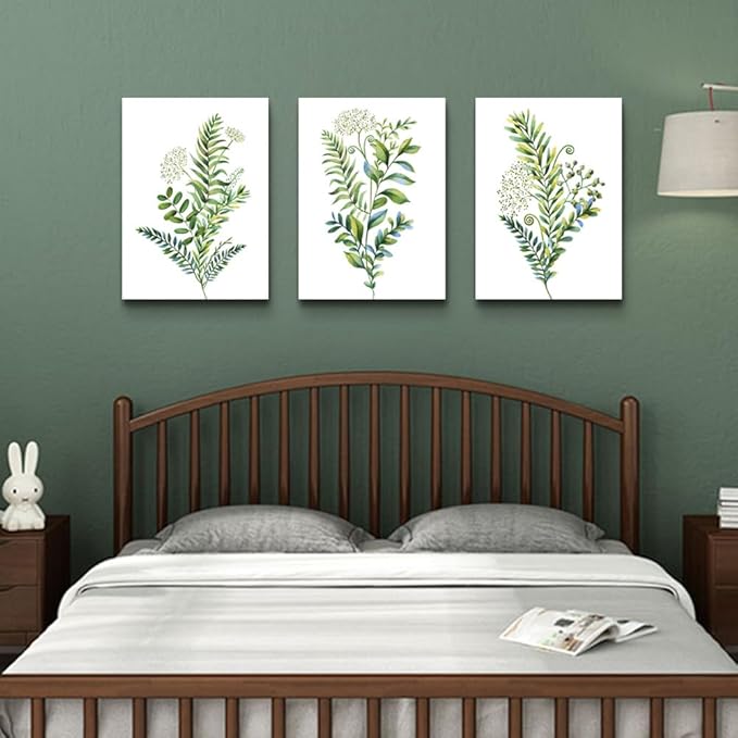 Lapremoly Large Framed Canvas Wall Art for Bedroom Bathroom 3 Pieces Wall Decor Kitchen Wall Decorations Canvas Print Decor Modern Simple Living Room Home Picture Green leaves Poster Wall Paintings