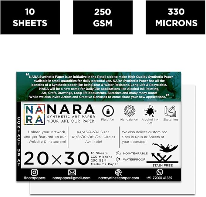 NARA Alcohol Ink Paper | White | 20 inches x 30 inches (20”x30”) | 330 microns/250 GSM | Medium+ Paper | 10 Sheets | Paper for Alcohol Ink Art Painting | 100% Stain-Free