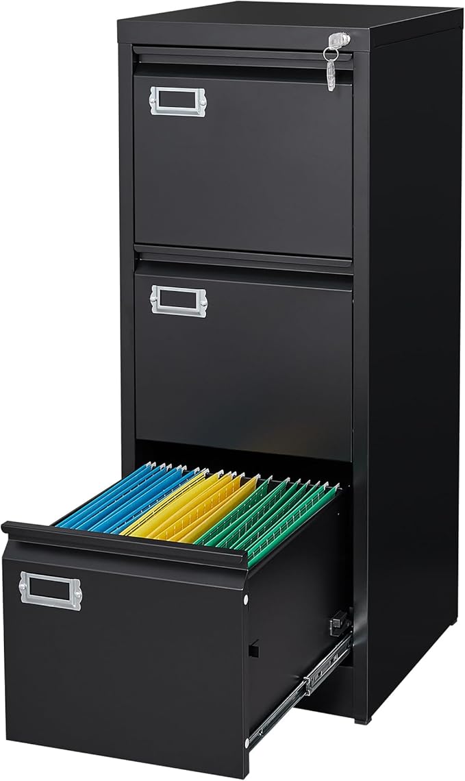 STANI Metal Vertical File Cabinet with Lock，Narrow Filing Cabinets Hanging Files Letter/Legal/A4 Size, Metal Storage Cabinet for Home Office, Assembly Required (Black, 3-Drawer)