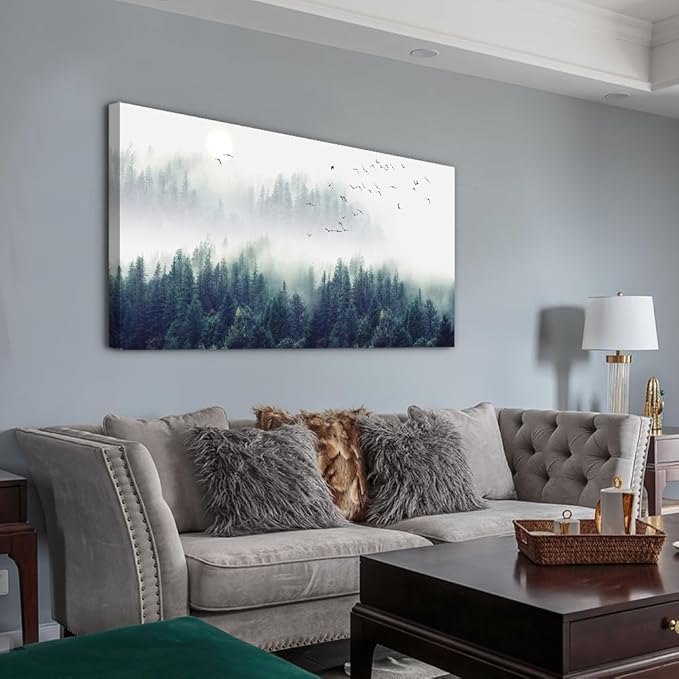 Wapluam Large Canvas Wall Art for Living Room and Bedroom - Modern Home Decor Office Decoration - Fog Forest View Painting Stretched and Framed - Ready to Hang Pictures 48 X 24