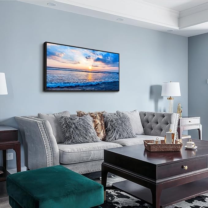 Black Framed Canvas Wall Art For Living Room Blue Beach Ocean Sea Waves Landscape Wall Decor Ready To Hang Home Decorations Bedroom Kitchen Bathroom Canvas Prints Posters Painting Wall Mural Artwork