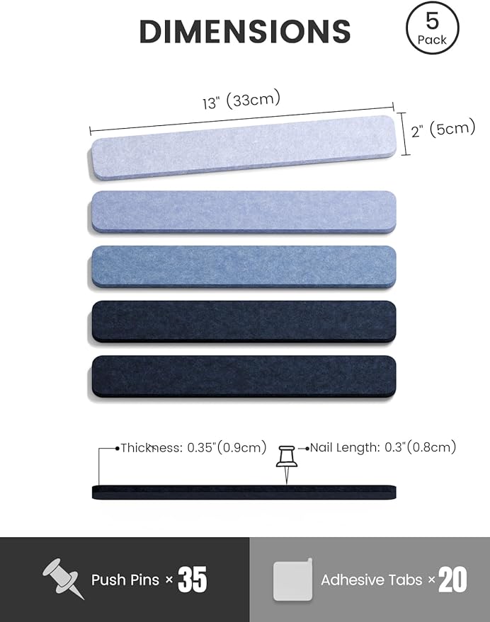 Fluxynara Cork Board Alternative Felt Strip Board 5-Pack 13"x2", Office Pin Board with 35 Push Pins, Adhesive Install for Bedroom Door & Home Office(Denim Mist)