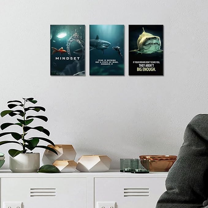 3 Piece Shark Wall Art - Framed Motivational Quotes Canvas Prints Inspirational Wall Decor for Living Room, Office & Home Decor, Ready to Hang (12x16 inx3)