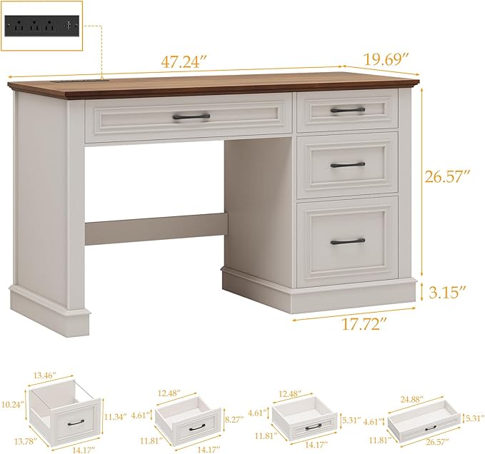 Farmhouse 47" Executive Desk, Computer Desk with Drawers and File Drawer, Workstation Computer Desk with Charging Station for Home Office,Study.Unique White