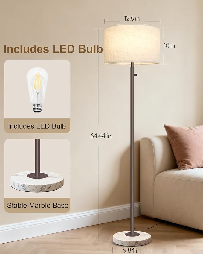 Floor Lamps for Living Room–LED Bulb Included,Dimmable Floor Lamp with Linen Shade,Modern Standing Lamp with Marble Base,Tall Floor Lamp for Bedroom,Nursery,Reading & Office,Brown
