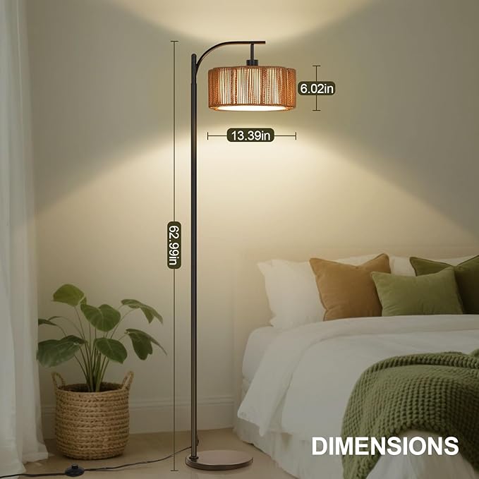 Boho Arc Floor Lamp for Living Room, Modern Rattan Floor Lamp with Foot Switch, Tall Lamp Dimmable 3 Colors Temperature LED Floor Lamps, Bohemian Black Standing Lamp for Bedroom Office