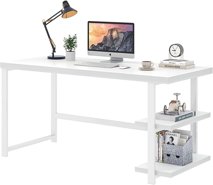 EXCEFUR White Computer Desk, Modern Home Office Desk with Storage Shelf, Wood and Metal Writing Study Table for Living Room Bedroom, 53 Inch
