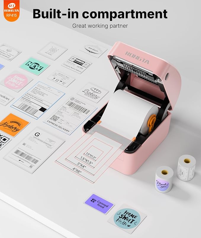 Rongta 4x6 Bluetooth Shipping Label Printer - Thermal Label Printer for Shipping Packages, Small Business, Home, Office, Compatible with Amazon, Tiktok, Etsy, USPS, Commercial Grade, Pink