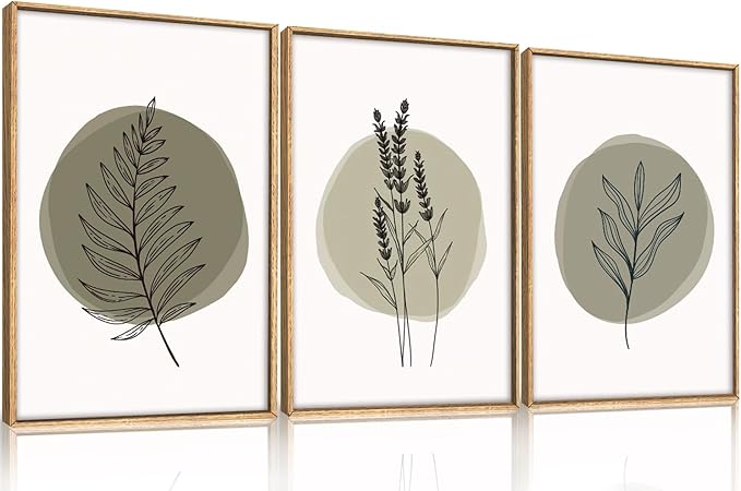 HOURIA Spring Sage Green Leaves Framed Canvas Wall Art Set,Minimalism Boho Leaf Wall Decor, Modern Nature Botanical Wall Painting,Mid Century Plant Art Prints for Living Room,Bedroom,Farmhouse-24"x36"x3