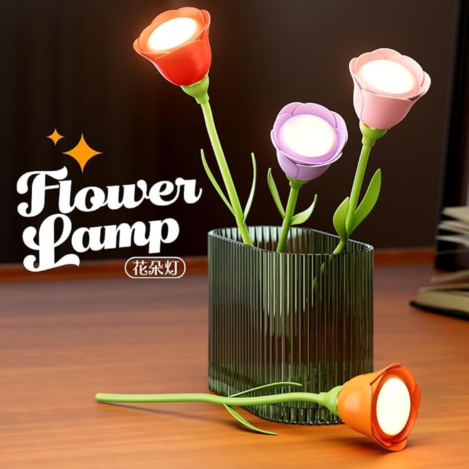 Rechargeable Flower Desk Lamp Infinite Dimming Trichromatic Temperature Adjustable Brightness Memory LED Light for Bedroom Study Office (Pink,Rose)