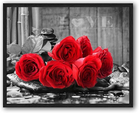 YMYXMC33 Black Framed Red Rose Flower Picture Decor Wall Art Canvas Print Black and White Poster Country Love Decoration Bedroom Bathroom12x15…