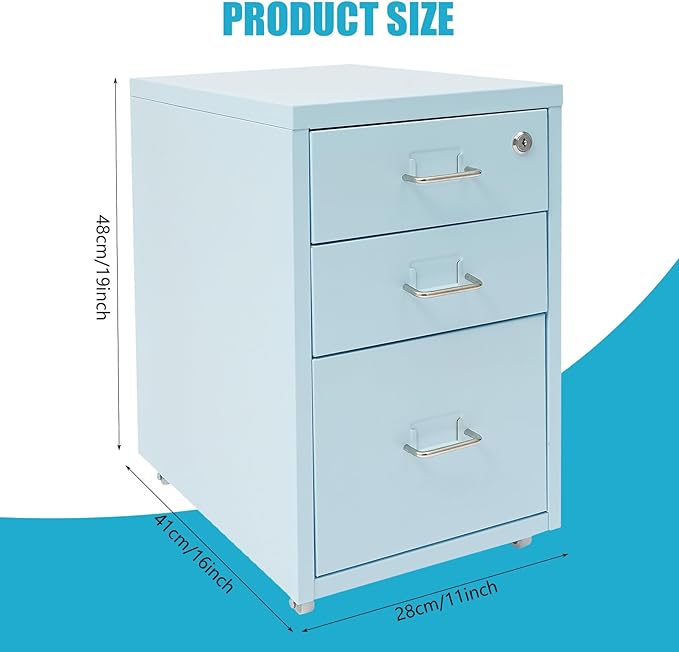 3 Drawer Vertical File Cabinet, Filing Cabinets for Home Office, Metal Vertical File Storage Cabinet with Lock, Locking File Cabinet for Office, Study, Dresser, 11" W x 16" D x 18.3" H, Black (Blue)