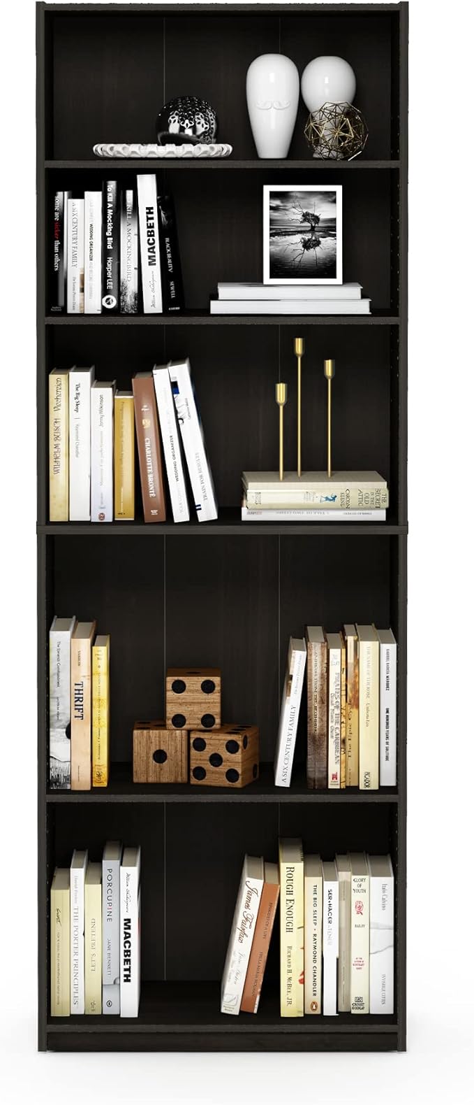 Furinno JAYA Book Shelf, 5-Tier Bookshelf, Bookcase with Adjustable Shelves, 9.5" x 24.5" x 71.2", for Organization and Storage, for Living Room, Bedroom, Home Office, Espresso