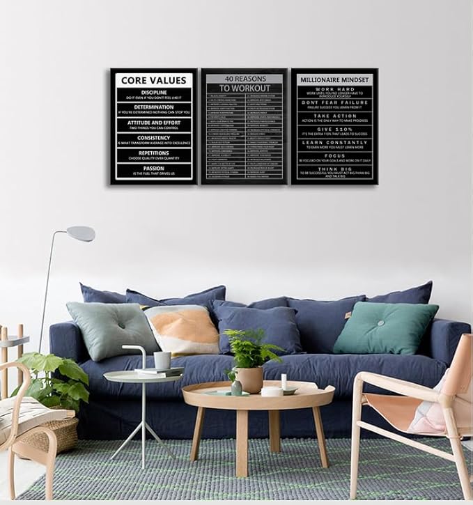 Inspirational Canvas Wall Art Millionaire Mindset Motivational Painting Core Values Inspiring Quotes Modern 40 Reasons to Workout Posters Prints Artwork Decor for Home Office Framed[36" W X 16" H]