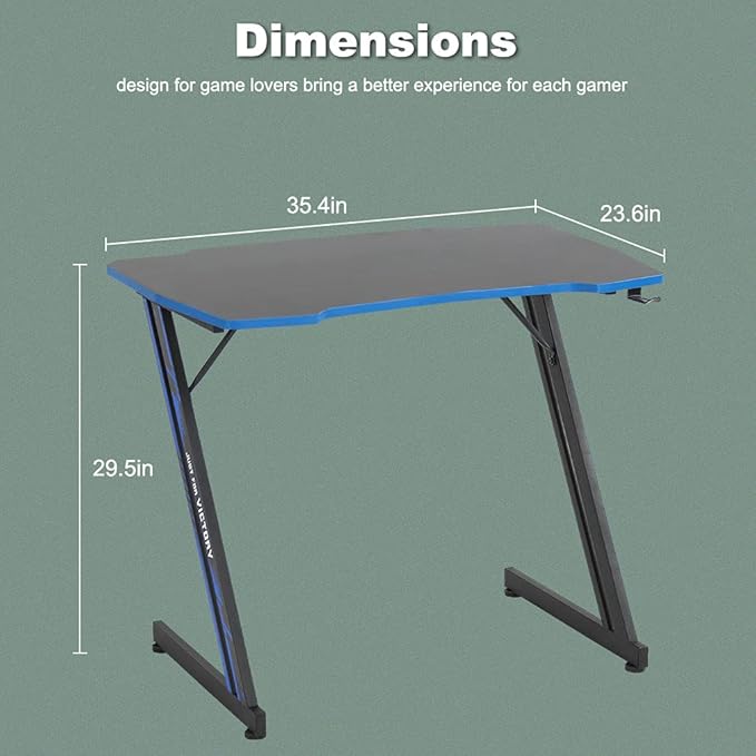 BestOffice Gmaing Desk 35.4in PC Computer Desk, Blue Ergonomic Gaming Table Z Shaped Gaming Workstation with Headphone Hook for Home Office，Blue